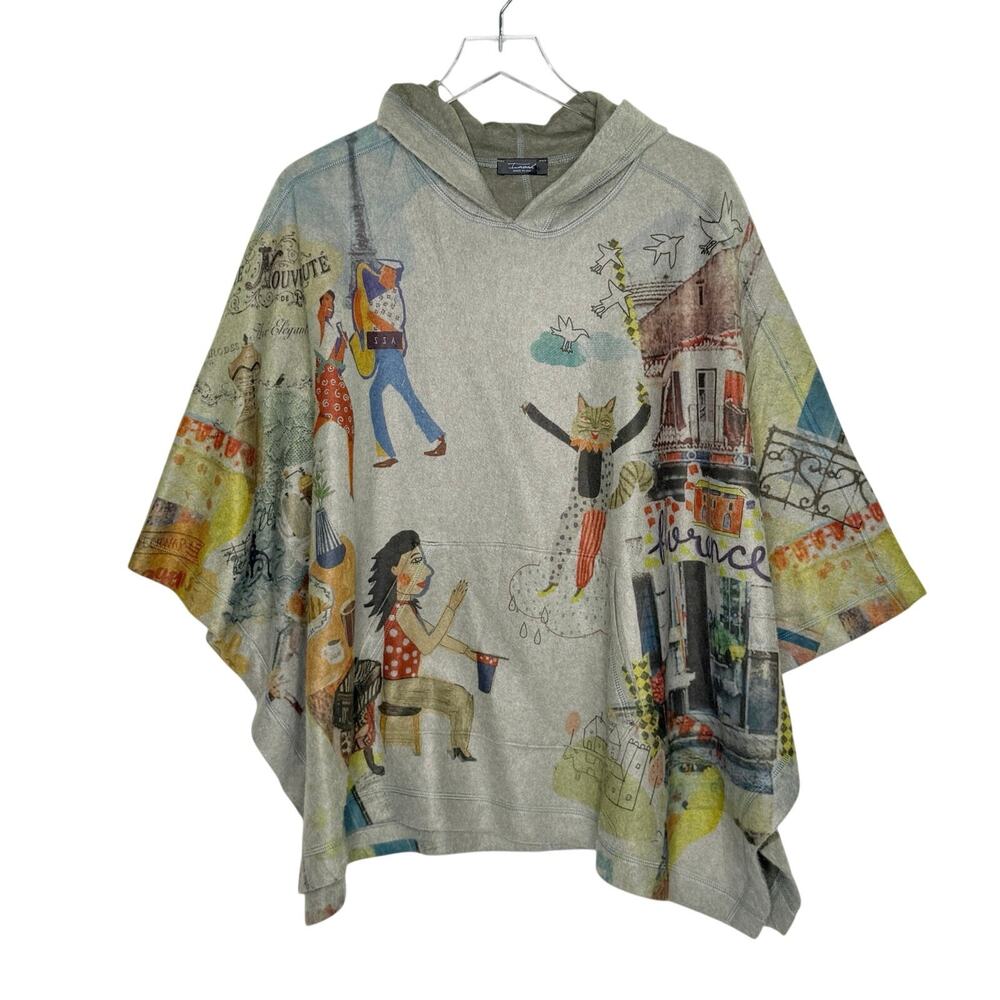 Inoah Hooded Poncho Florence Italy Cafe Cat OS Whimsical Wearable Art Meow